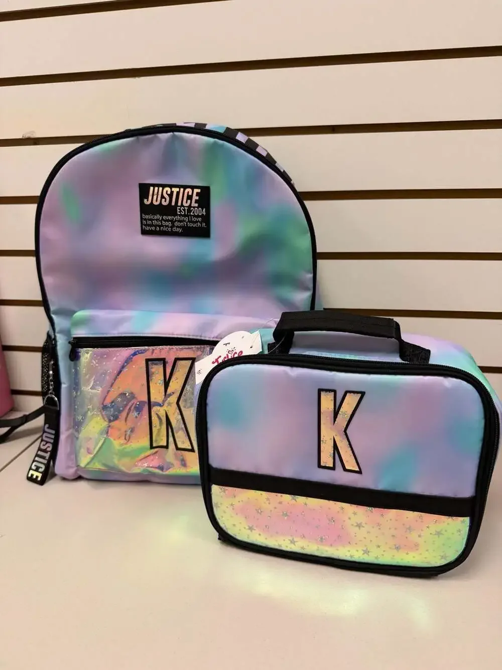 Justice Girls Pastel Tie-Dye Initial K Backpack and Lunch Tote Set NWT